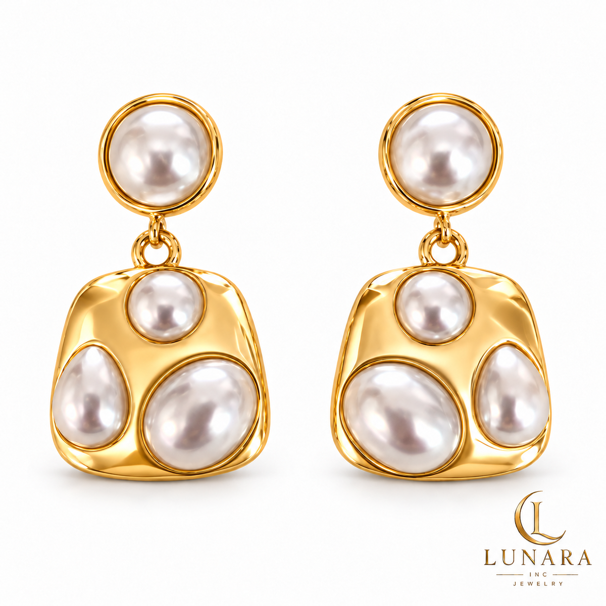 Golden Pearl Trapezoid Drop Earrings