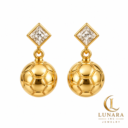 Mini Gold Soccer Ball & Crystal Drop Earrings
