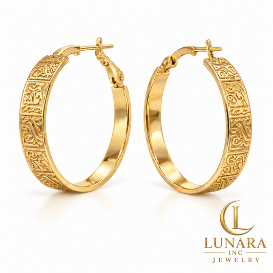 Ornate Engraved Gold-Tone Hoop Earrings – 30 mm