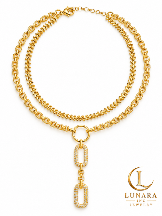 Golden Harmony Double-Layer Chain with Crystal Link Drop