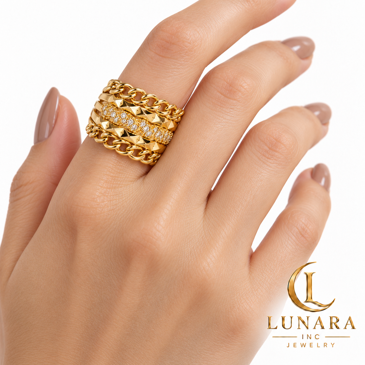 Lunara Luxe Five-Row Gold-Tone Statement Ring