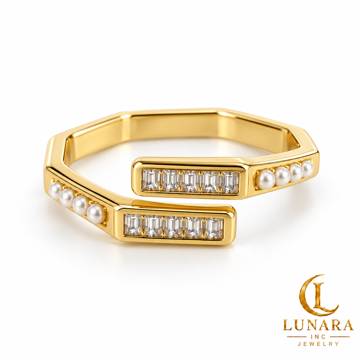 Lunara Pearl & Baguette Geometric Ring