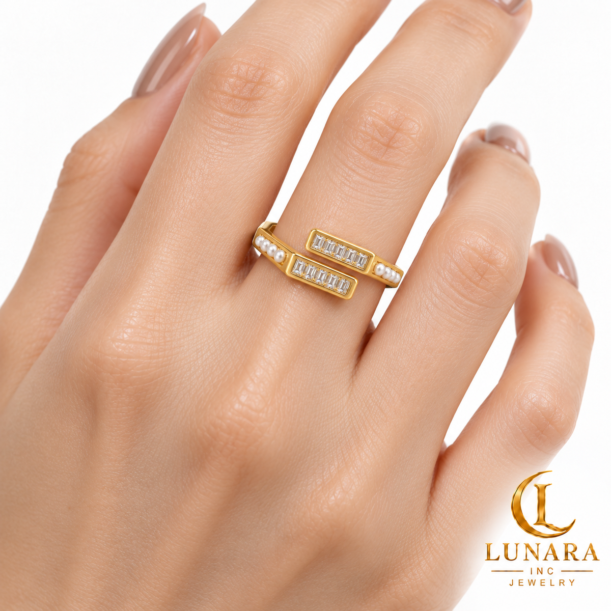 Lunara Pearl & Baguette Geometric Ring