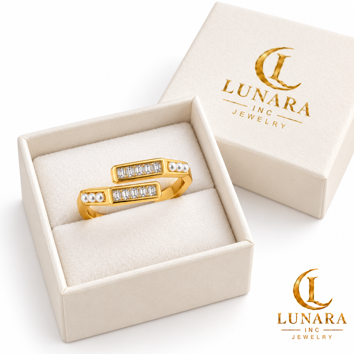 Lunara Pearl & Baguette Geometric Ring