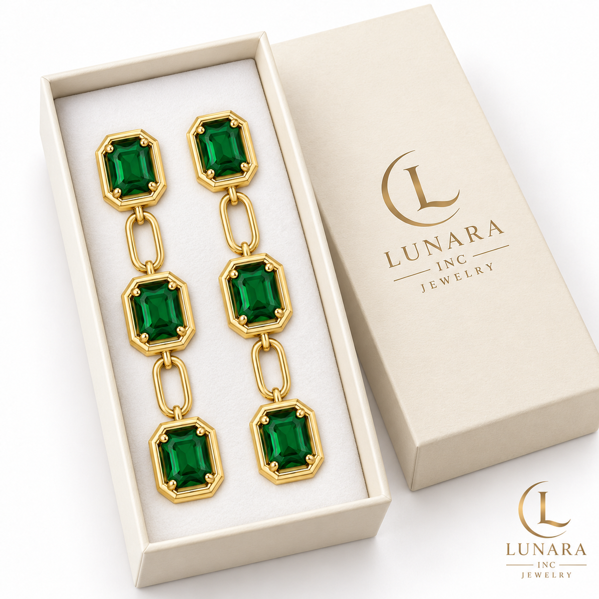 Emerald Green Triple-Stone Drop Earrings