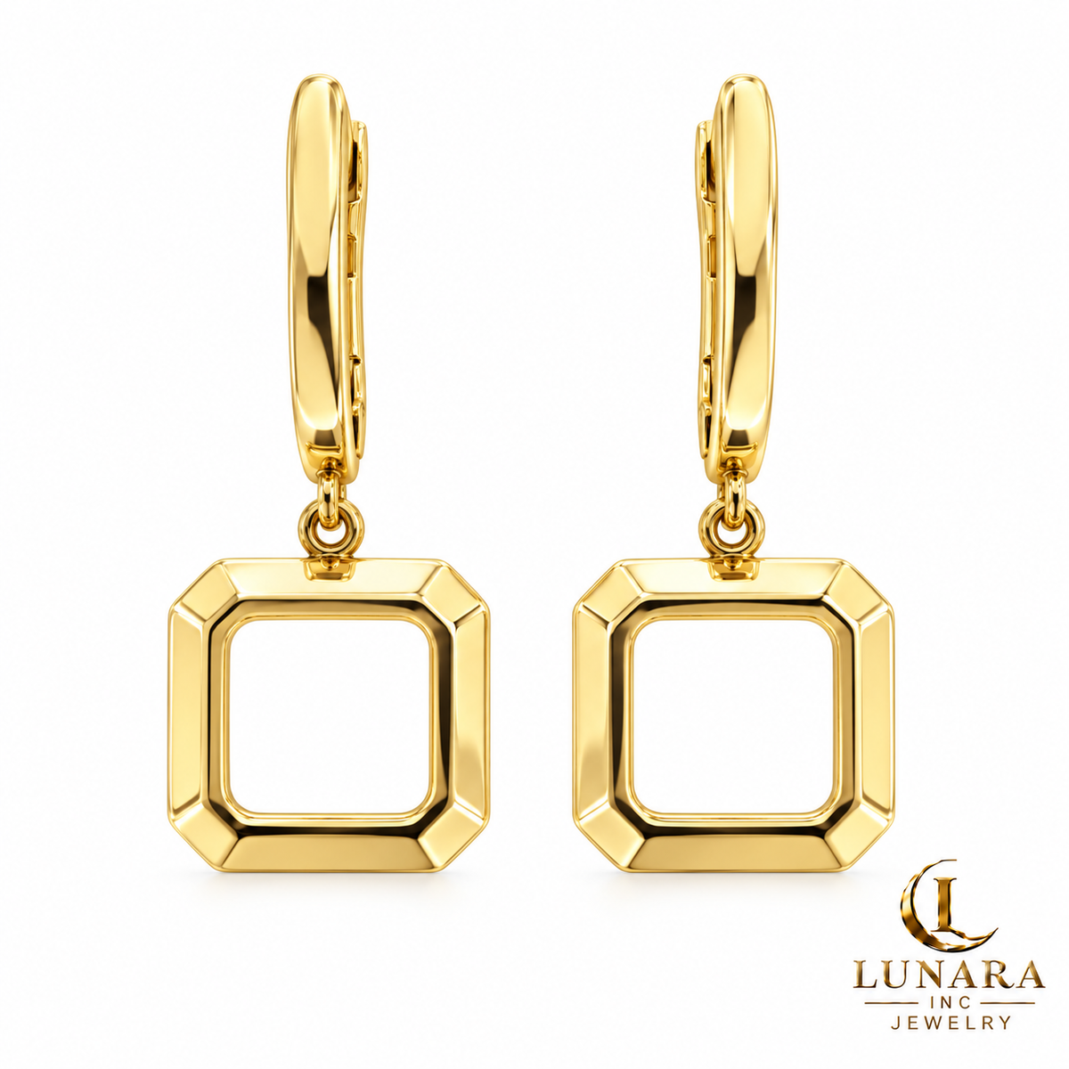 Golden Geometry Drop Earrings – Open Square & Crystal Diamond