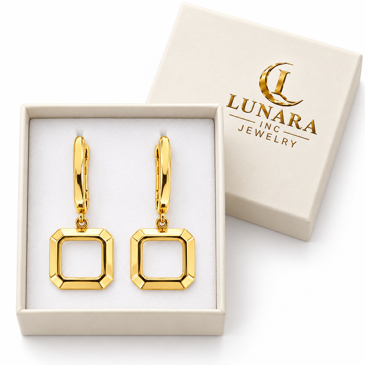 Golden Geometry Drop Earrings – Open Square & Crystal Diamond