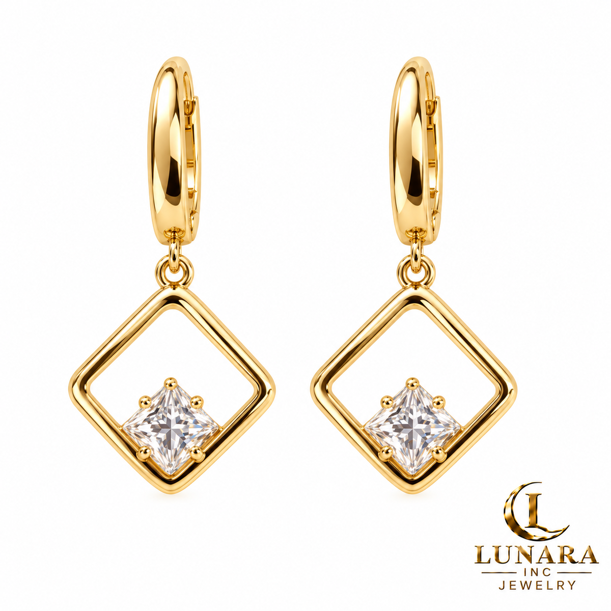 Golden Geometry Drop Earrings – Open Square & Crystal Diamond