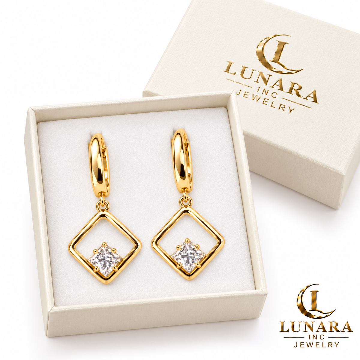 Golden Geometry Drop Earrings – Open Square & Crystal Diamond