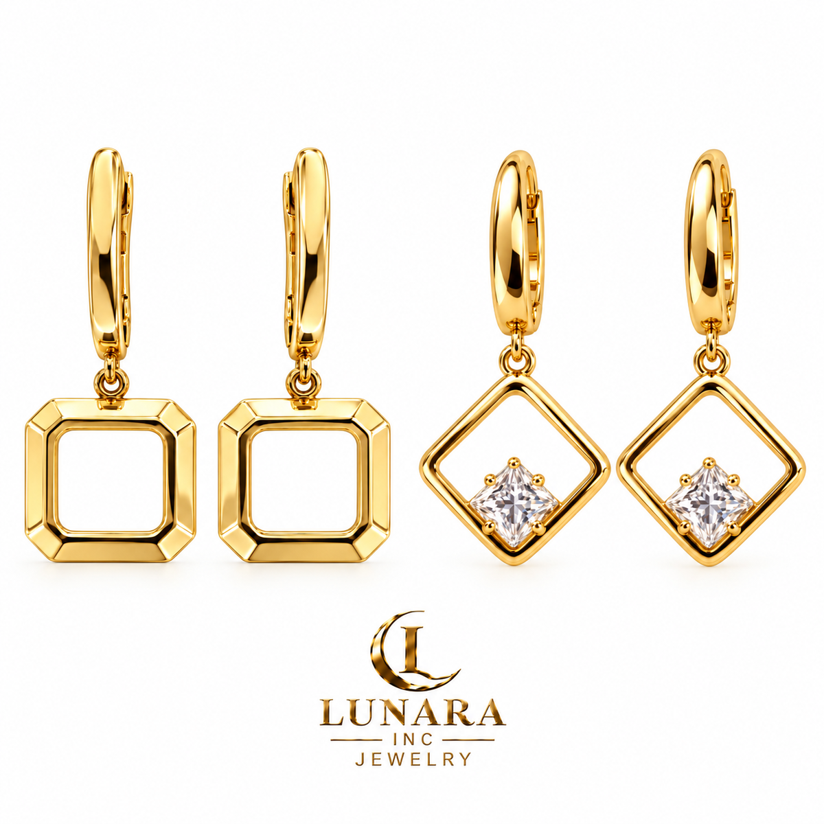 Golden Geometry Drop Earrings – Open Square & Crystal Diamond