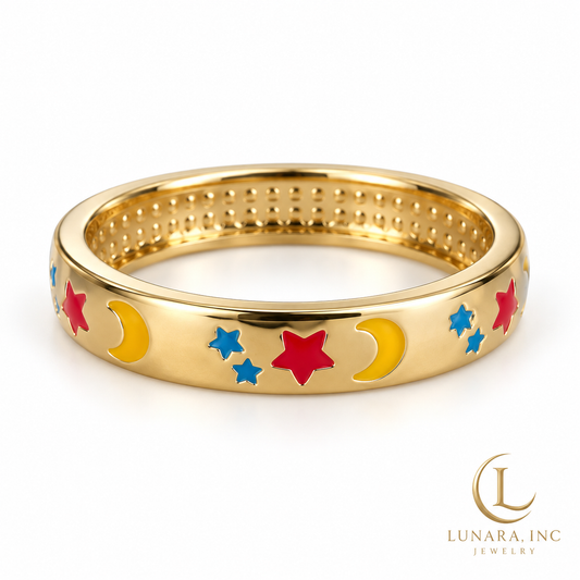 Celestial Moon & Stars Enamel Band Ring