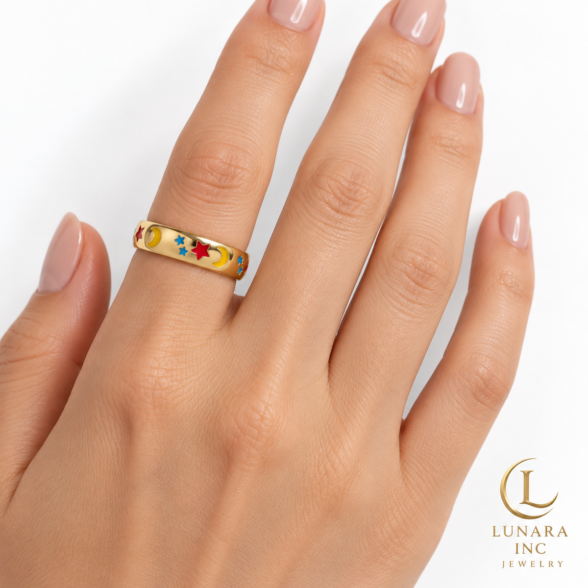 Celestial Moon & Stars Enamel Band Ring