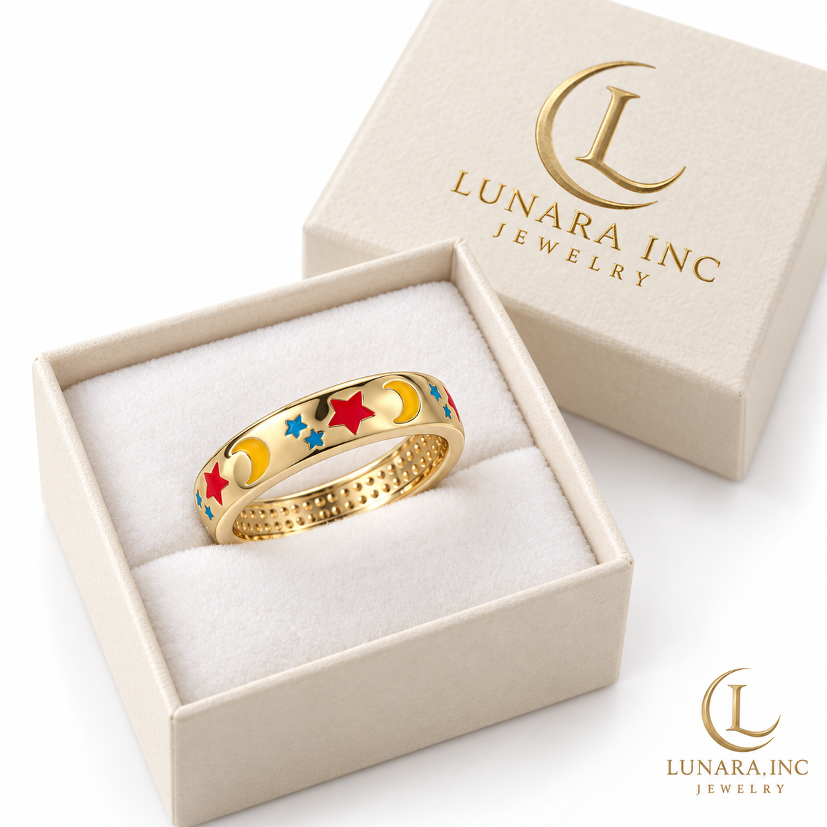 Celestial Moon & Stars Enamel Band Ring
