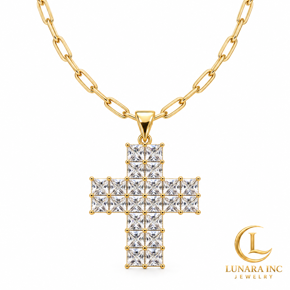 Princess-Cut Cross Pendant — Gold Tone