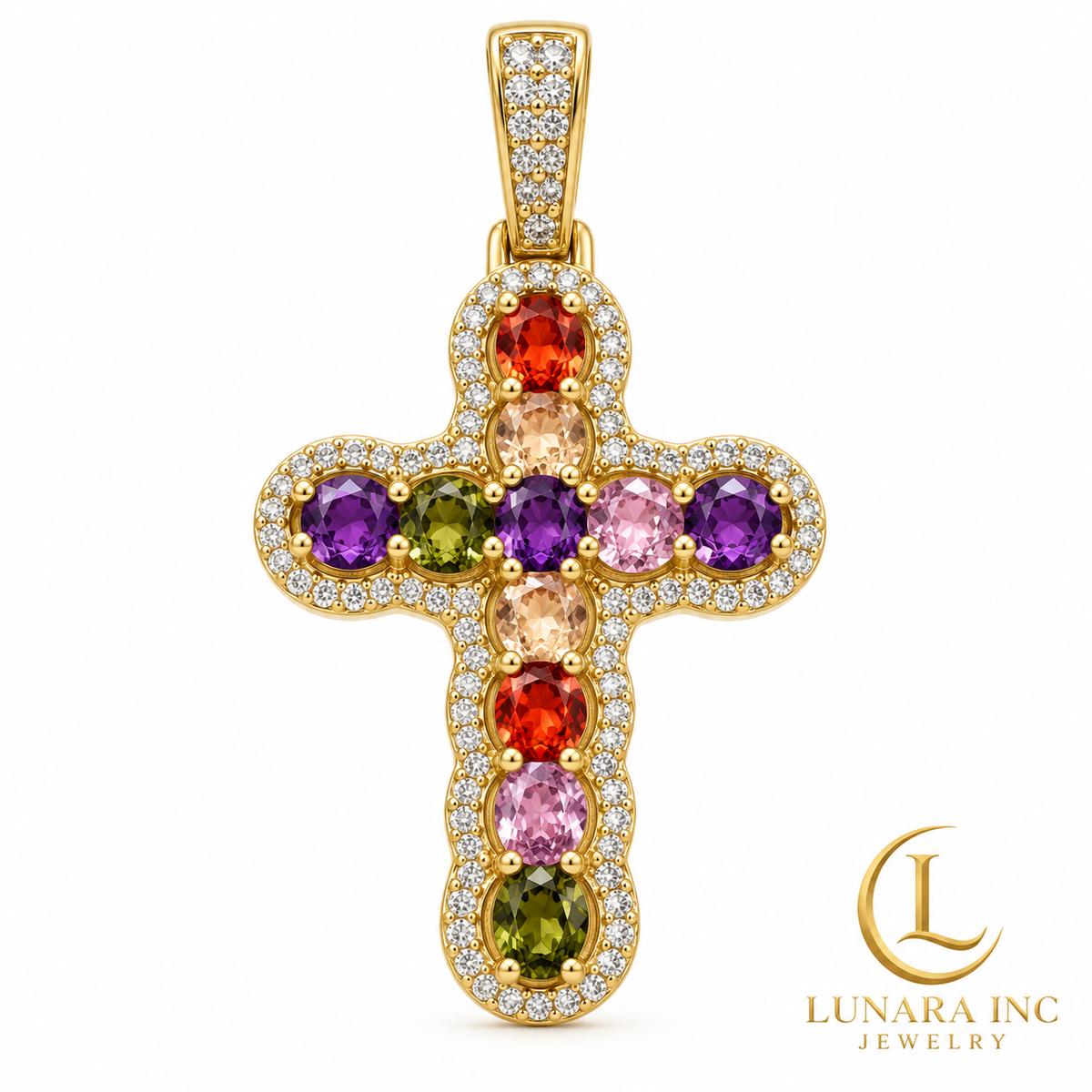 Multicolor Halo Cross Pendant — Gold Tone