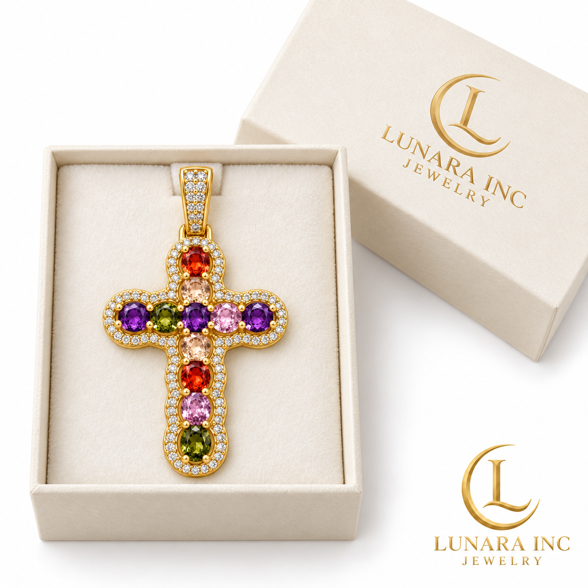 Multicolor Halo Cross Pendant — Gold Tone