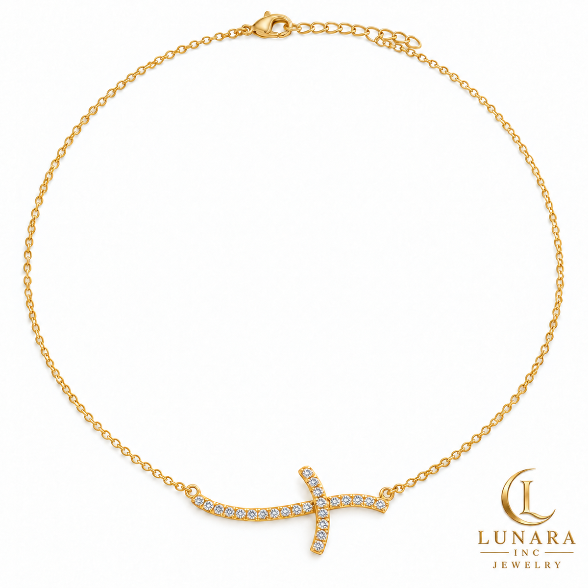 Curved Sideways Cross Chain with Cubic Zirconia