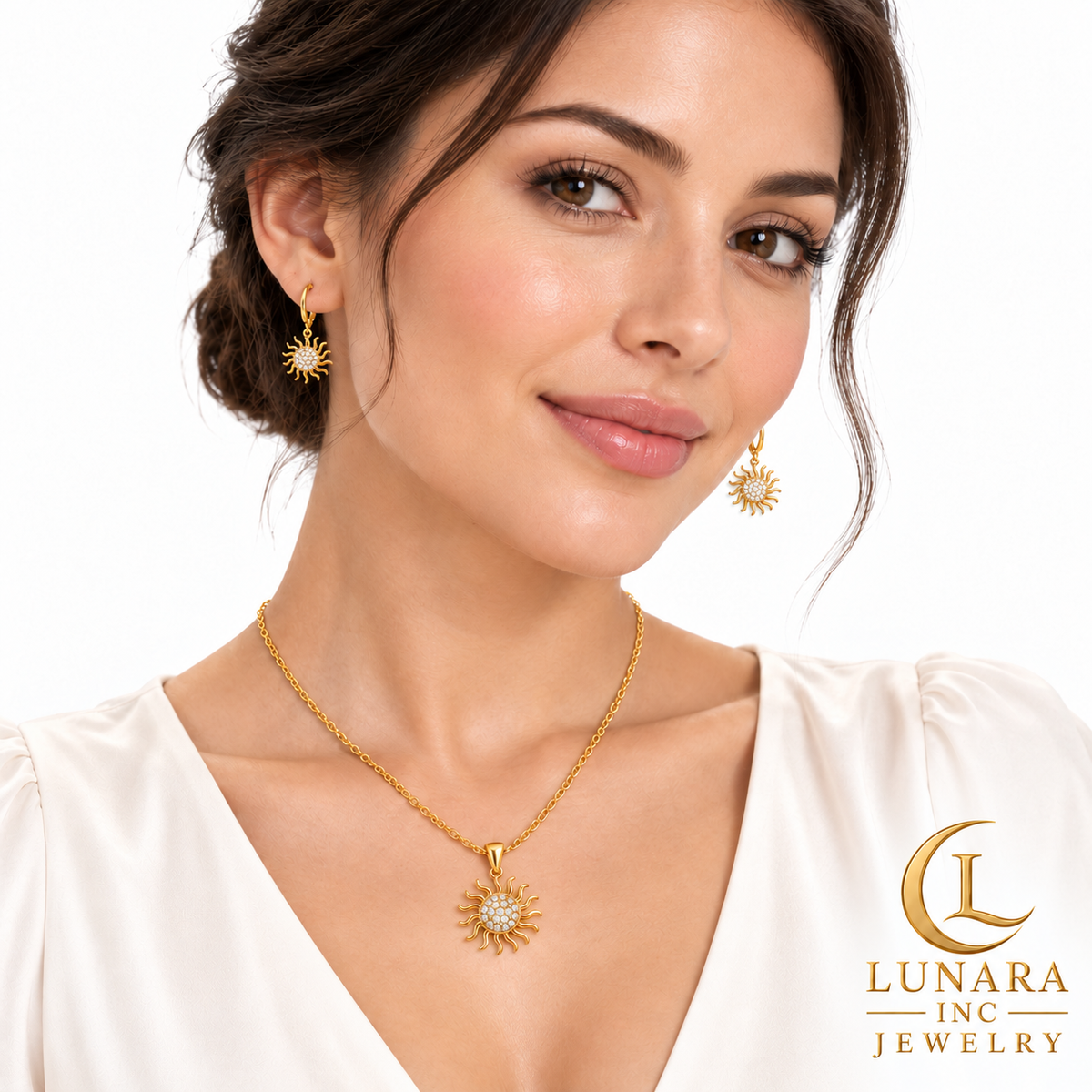 Radiant Sun Huggie Earrings & Pendant Chain Set