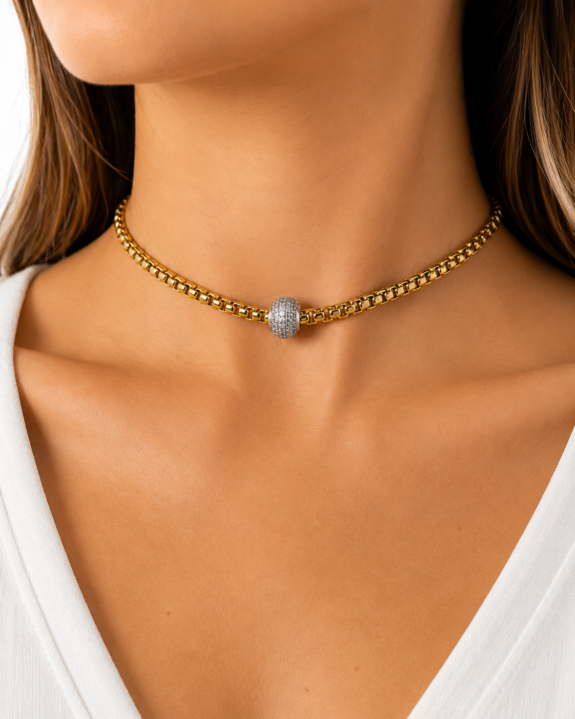 Golden Box Chain Choker with Pavé Charm