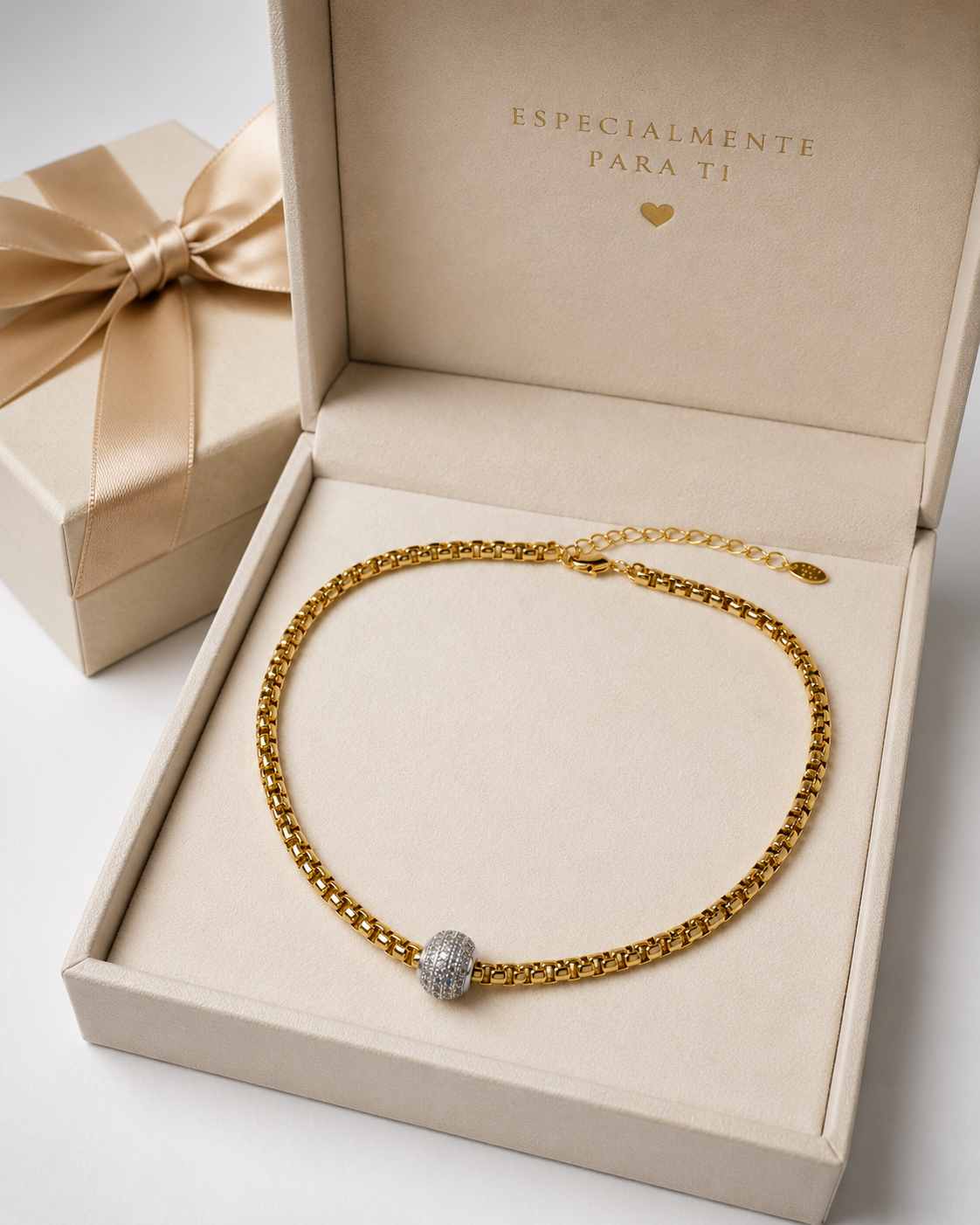 Golden Box Chain Choker with Pavé Charm
