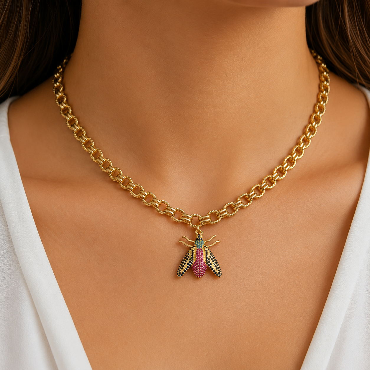 Golden Bee Charm Statement Necklace