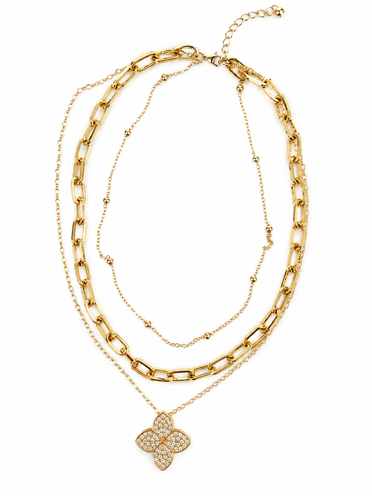 Celeste Clover Layered Necklace – Gold & Silver | 3-Layer Paperclip Chain Necklace