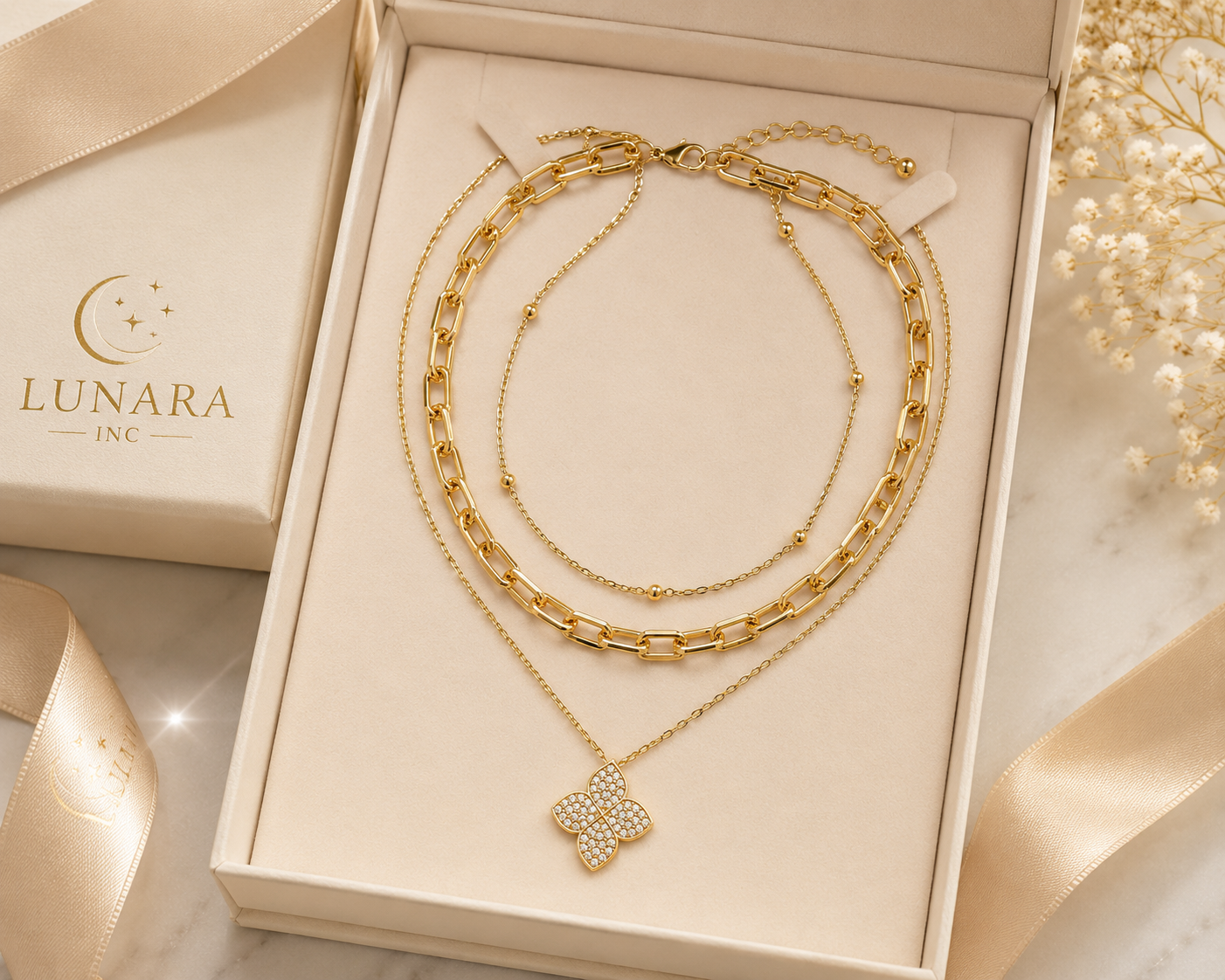 Celeste Clover Layered Necklace – Gold & Silver | 3-Layer Paperclip Chain Necklace