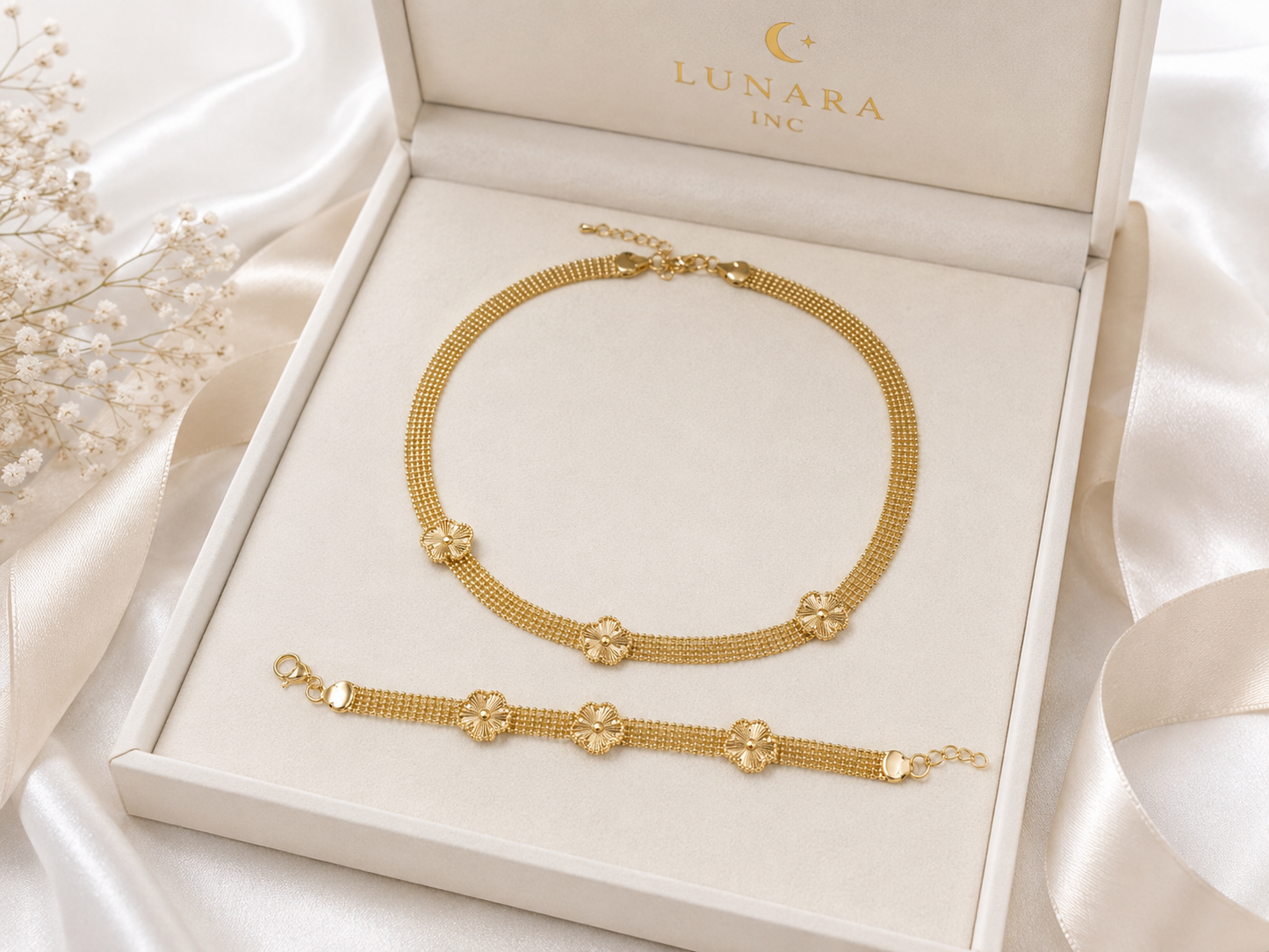 Lunara Golden Blossom Mesh Jewelry Set
