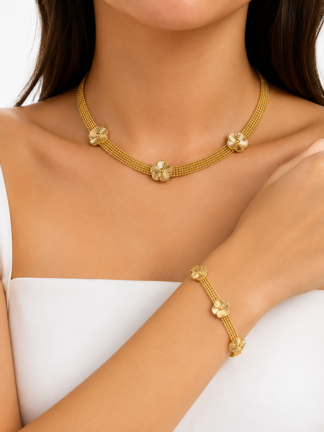 Lunara Golden Blossom Mesh Jewelry Set