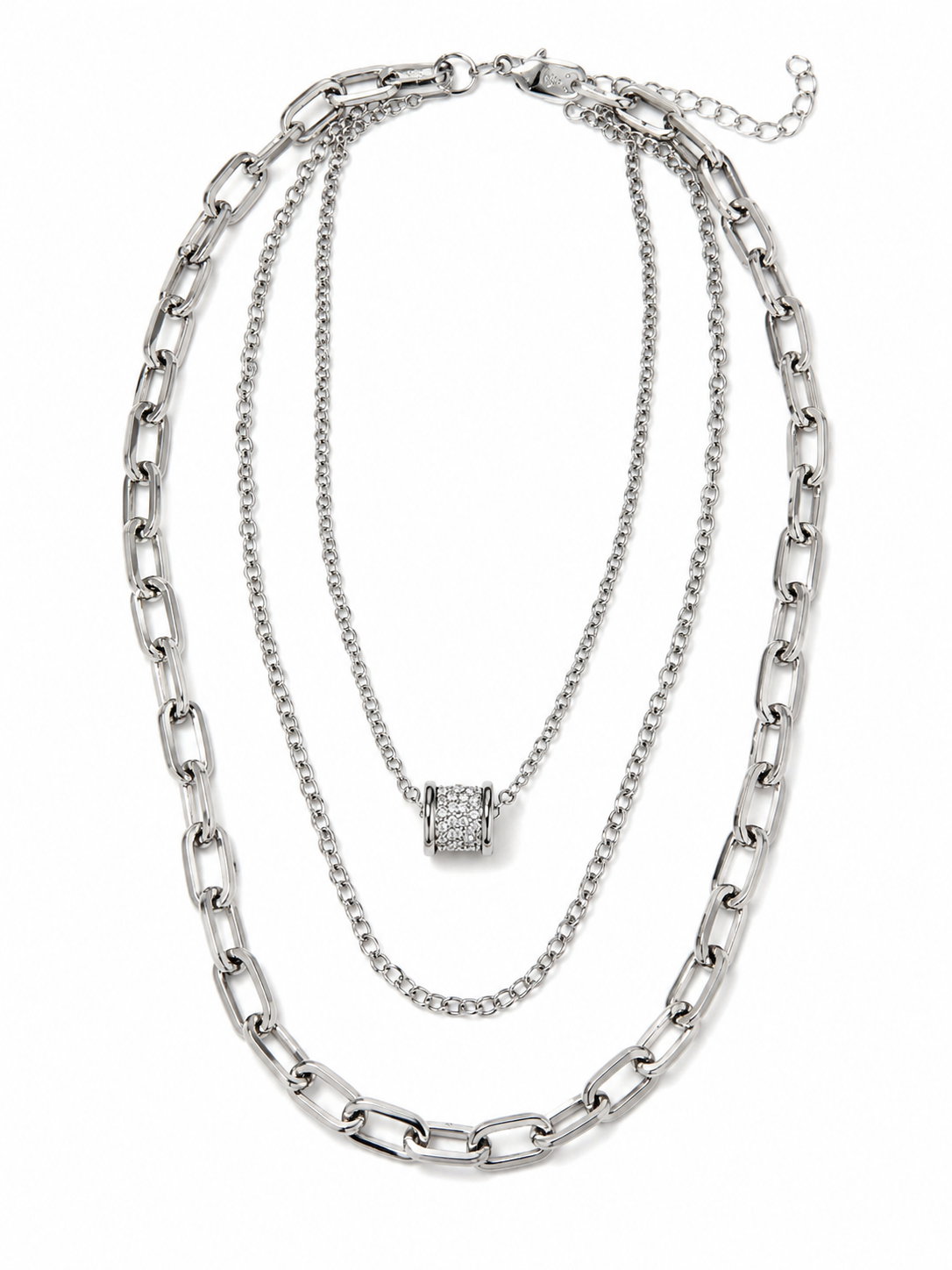 Triple Layer Silver Paperclip Necklace with Pavé Barrel Pendant