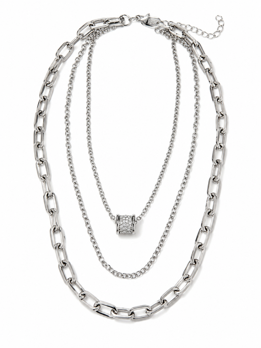 Triple Layer Silver Paperclip Necklace with Pavé Barrel Pendant