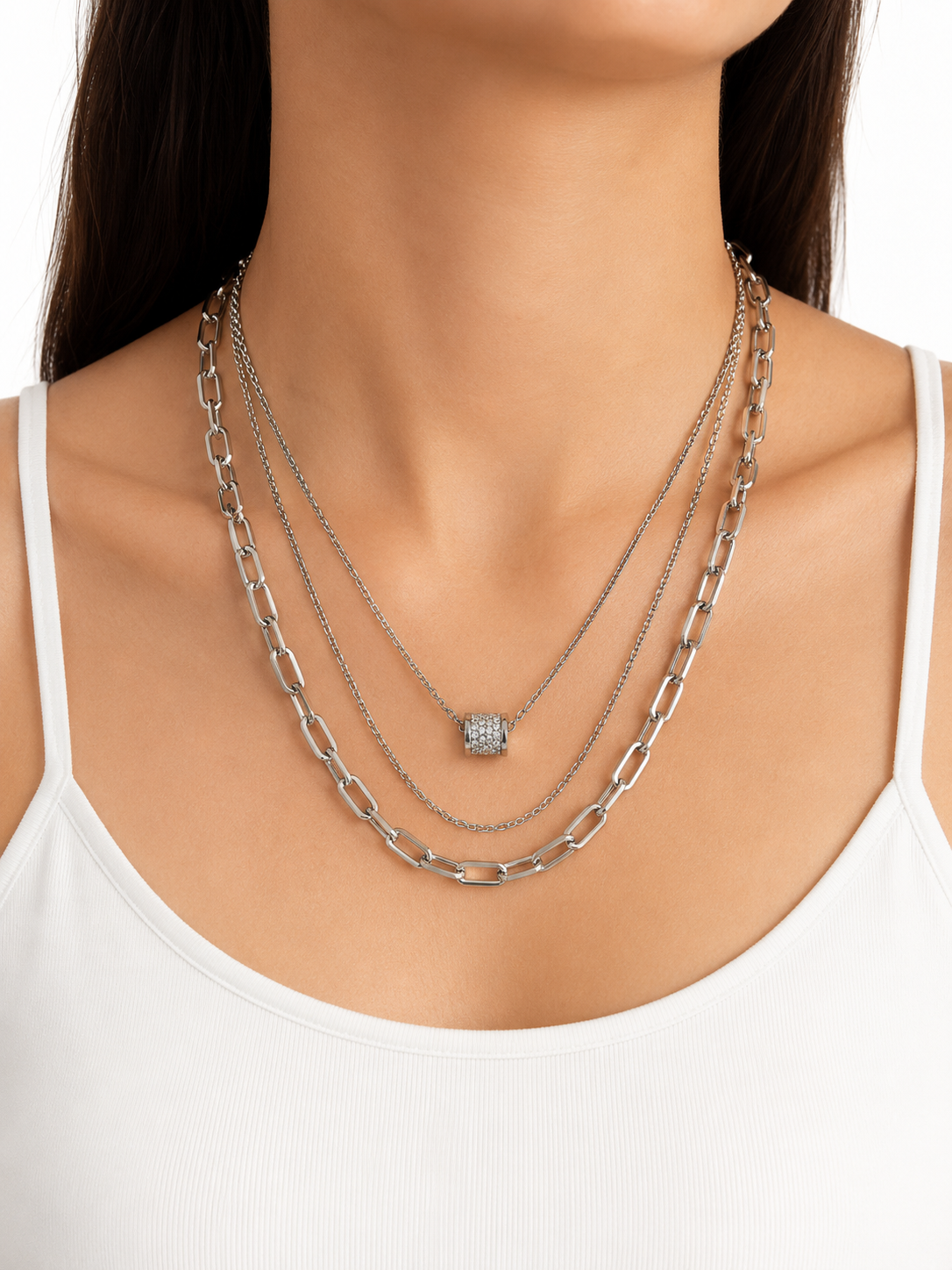 Triple Layer Silver Paperclip Necklace with Pavé Barrel Pendant