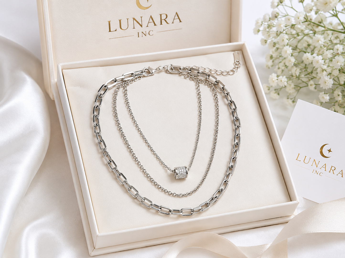 Triple Layer Silver Paperclip Necklace with Pavé Barrel Pendant
