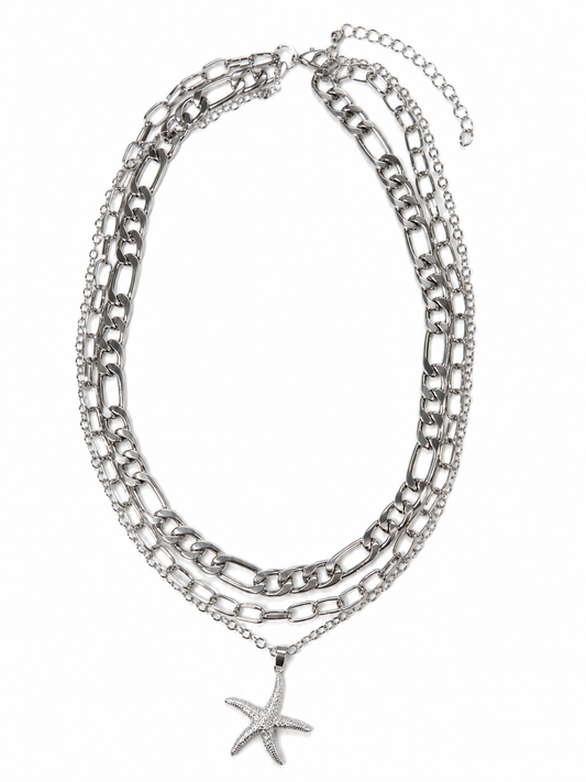 Layered Silver Starfish Pendant Necklace