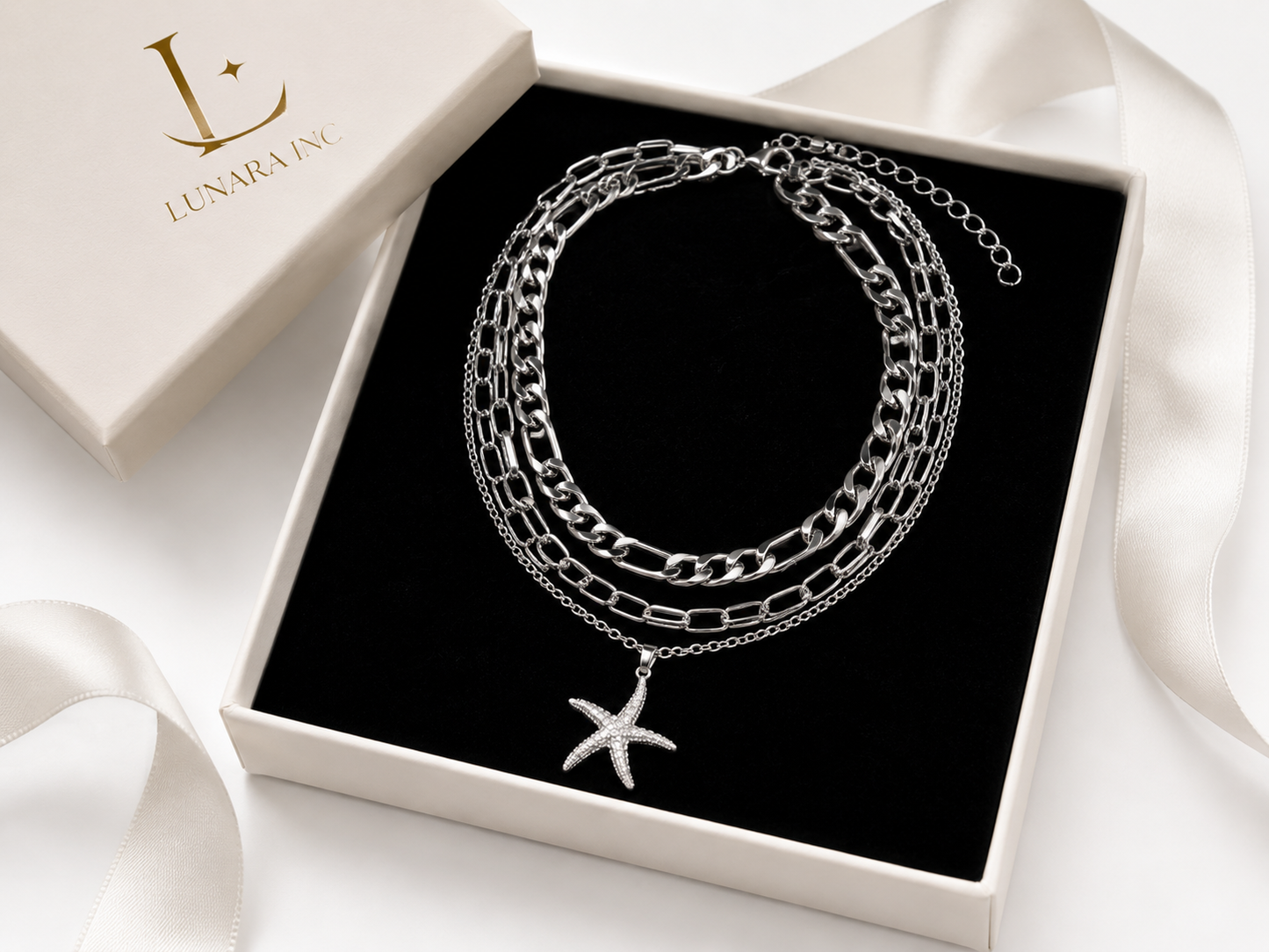 Layered Silver Starfish Pendant Necklace