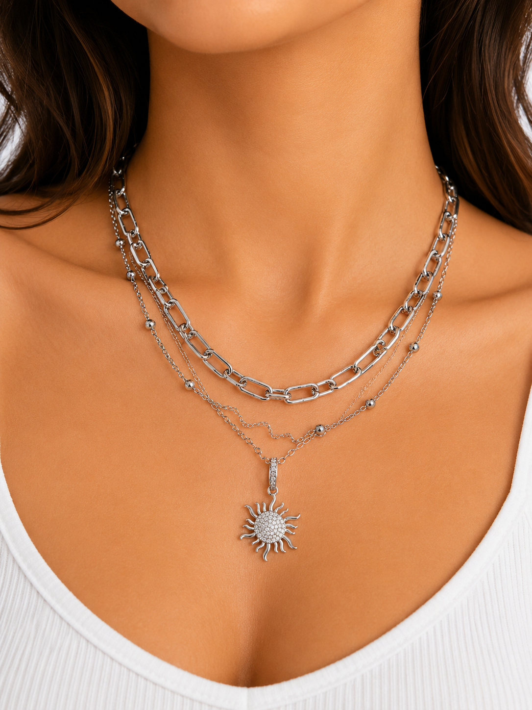 Triple Layer Sun Pendant Necklace