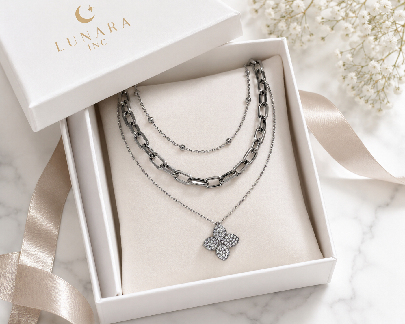 Celeste Clover Layered Necklace – Gold & Silver | 3-Layer Paperclip Chain Necklace