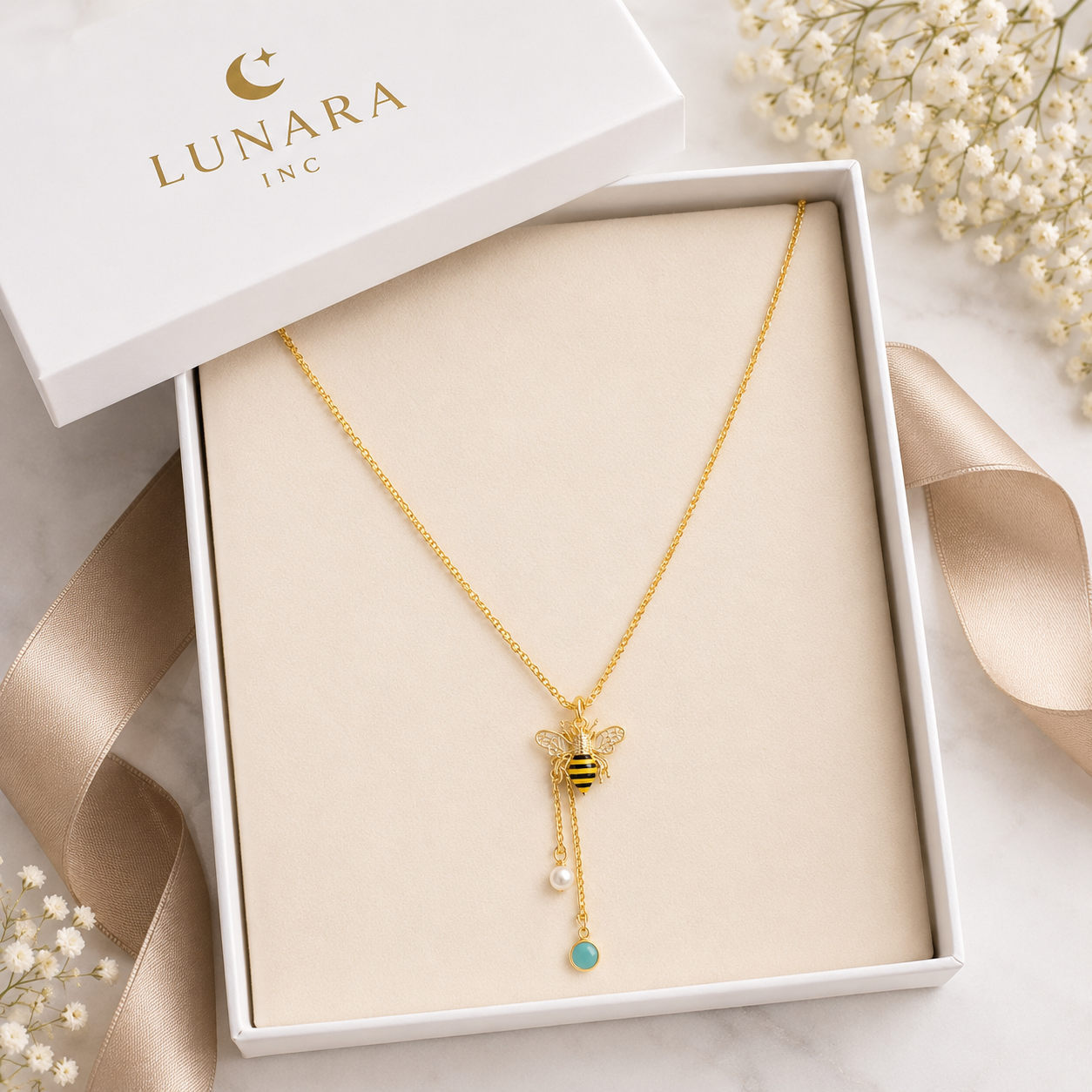 Honey Bee Long Pendant Necklace – 28” Gold