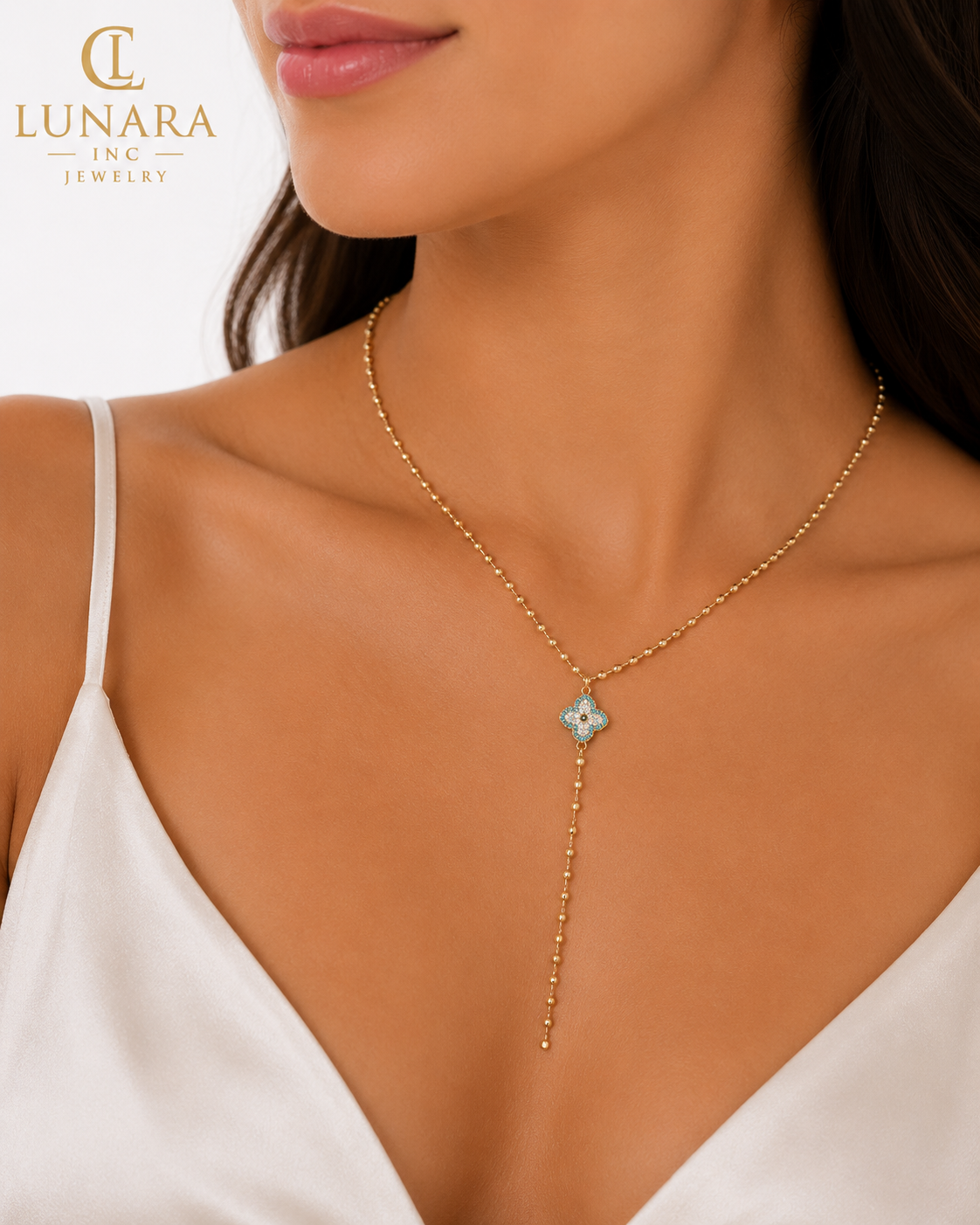 Blue Clover Lariat Necklace