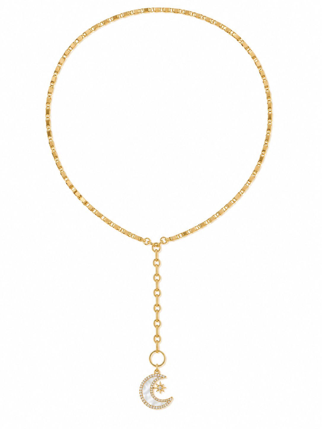 Celestial Mother of Pearl Moon Lariat Necklace
