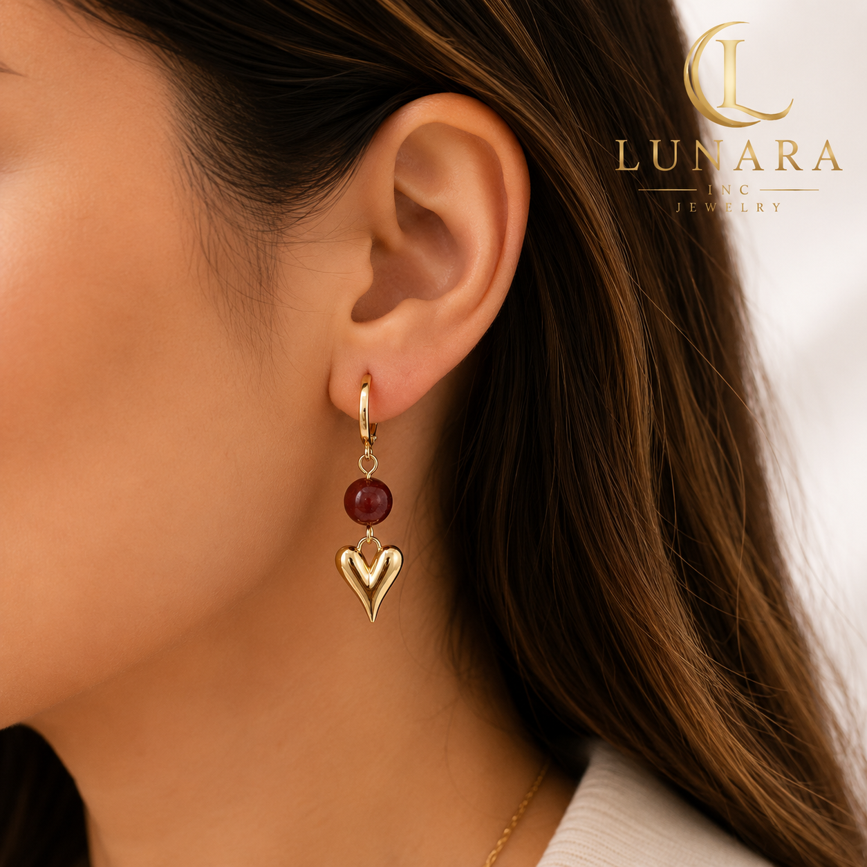 Brown Jade Heart Huggie Earrings