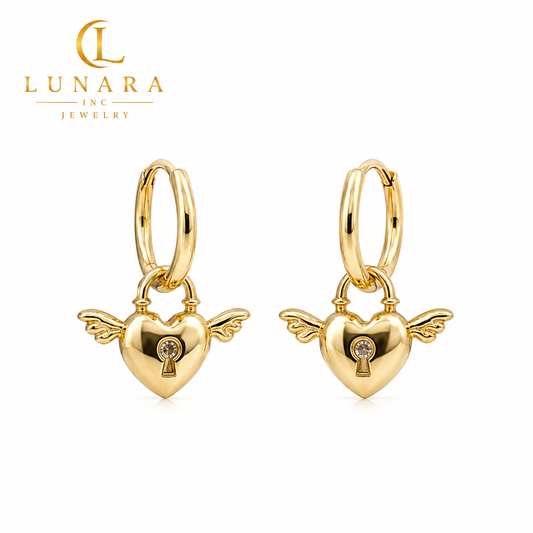 Winged Heart Lock Huggie Earrings