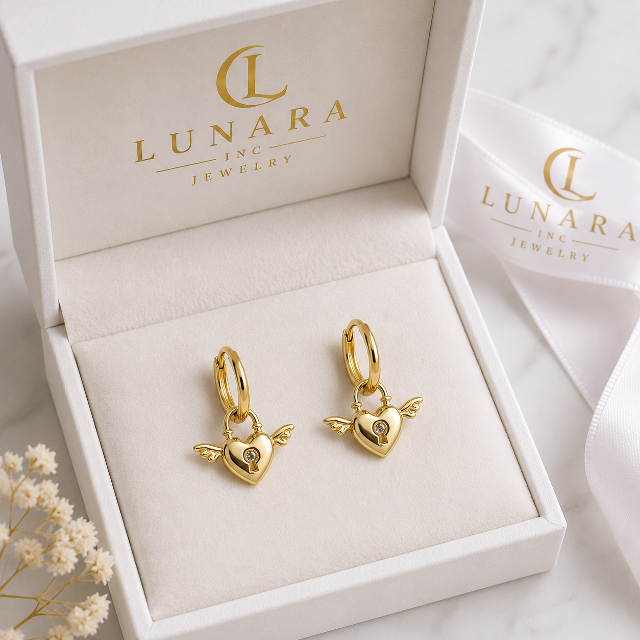 Winged Heart Lock Huggie Earrings
