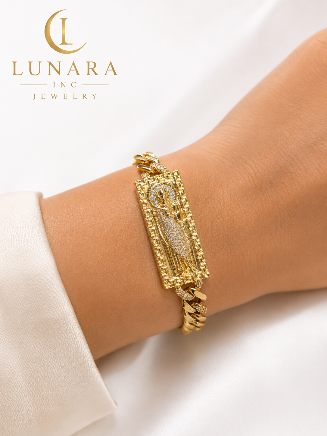 Saint Jude Cuban Link Bracelet Greek Key Design