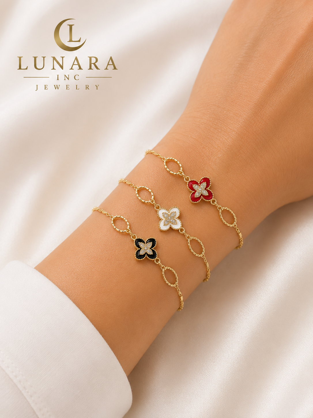 Clover Charm Bracelet Collection – (Black, White & Red)