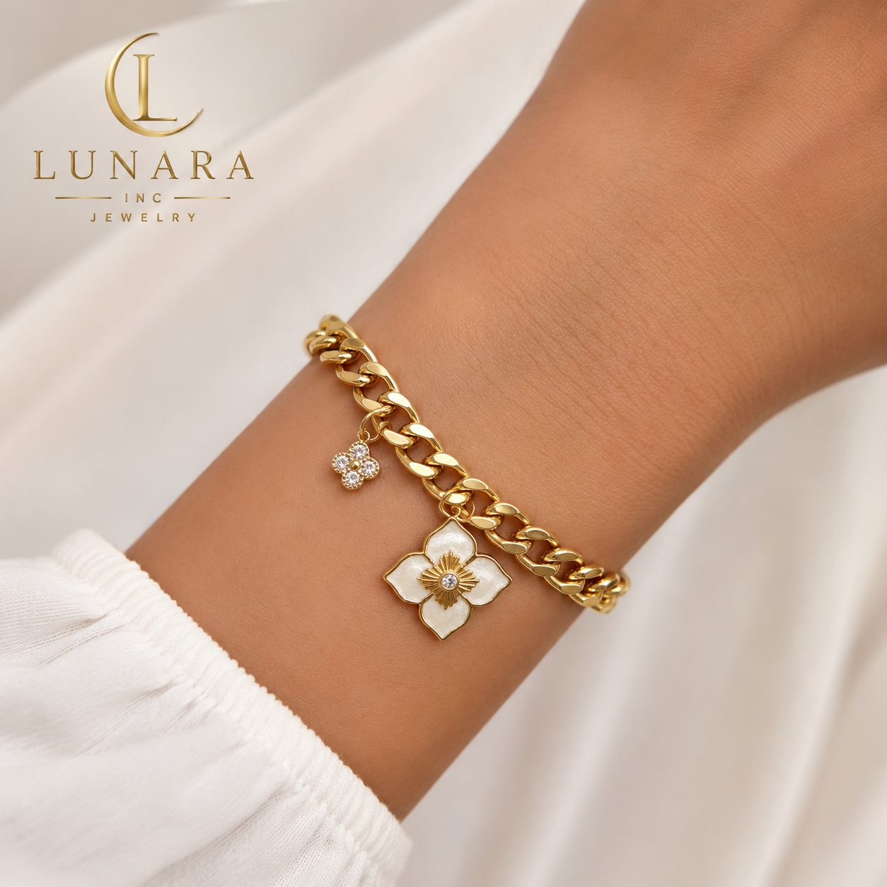 Lunara Bloom Charm Cuban Bracelet