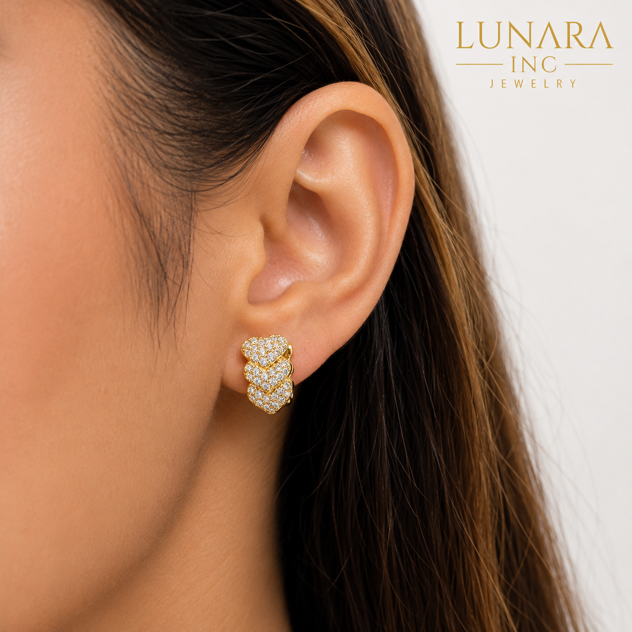 Lunara Triple Heart Pavé Huggie Earrings