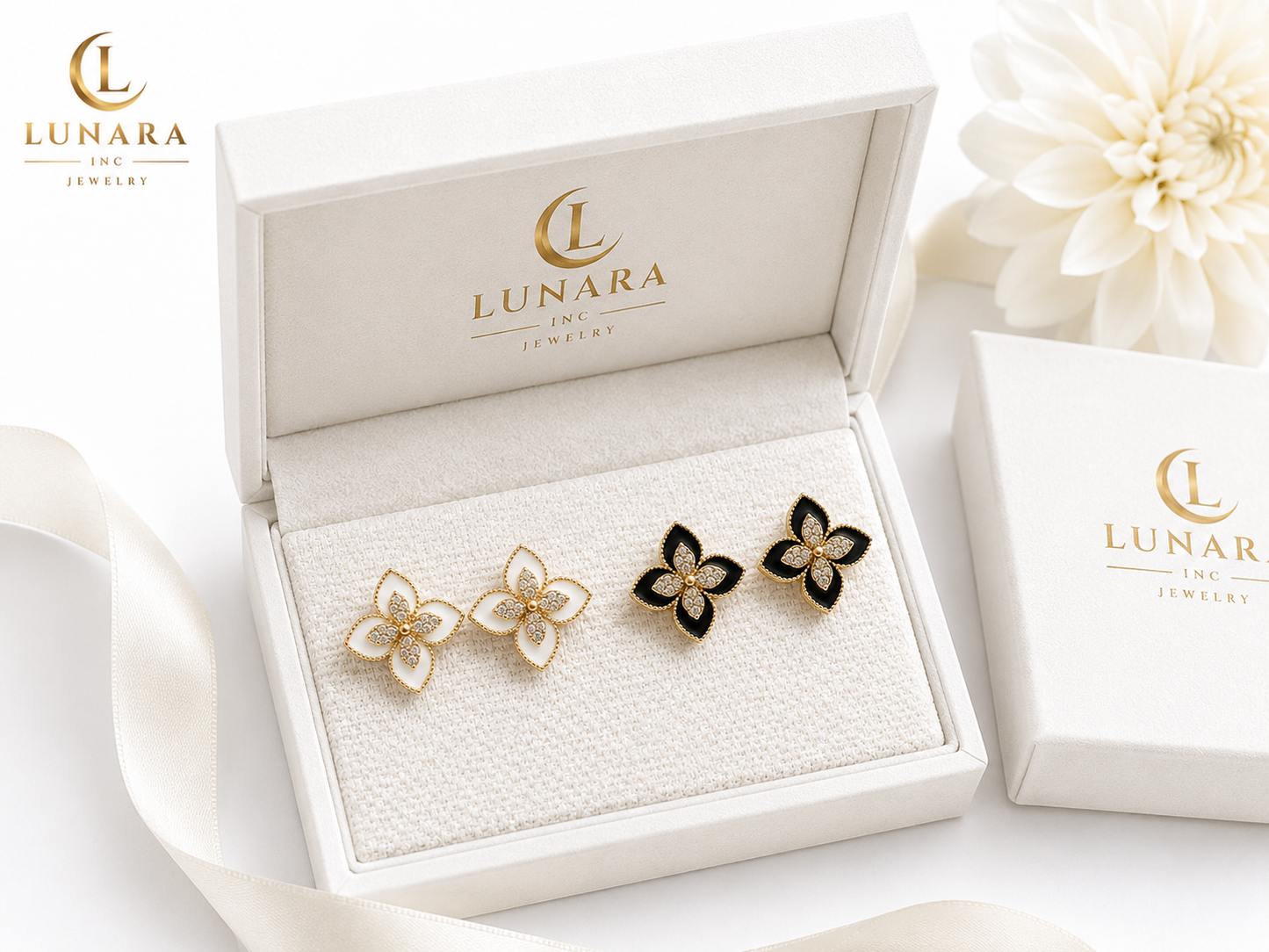 White Floral Enamel Stud Earrings