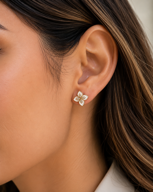 White Floral Enamel Stud Earrings
