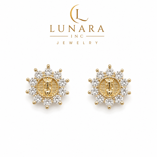 Virgin Mary Halo Stud Earrings | Gold Tone & Clear CZ